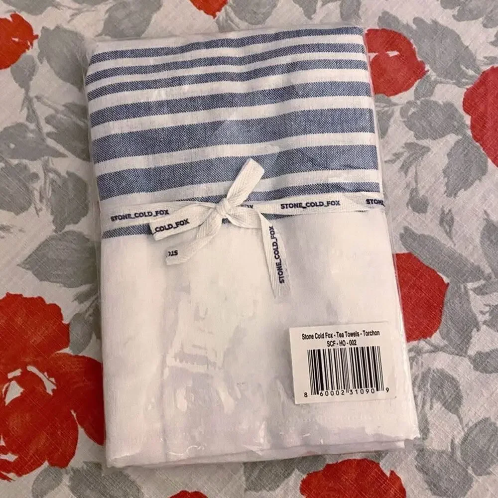 NEW (2) Tea Towels Kitchen Blue Striped Stone Cold Fox Cotten Blend Linens